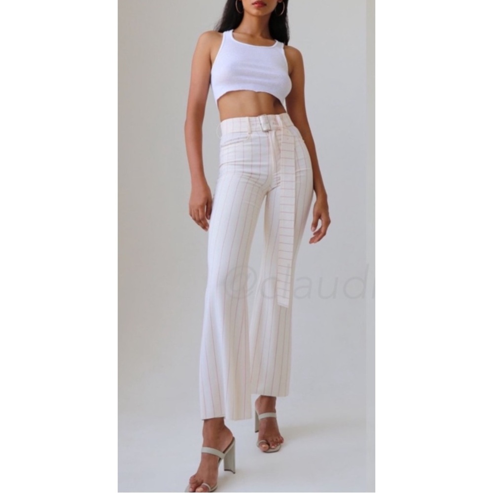 ORSEUND IRIS | $875 Flare Crop Belted Pinstripe Wool Pants in Cream/Red, Size 6
